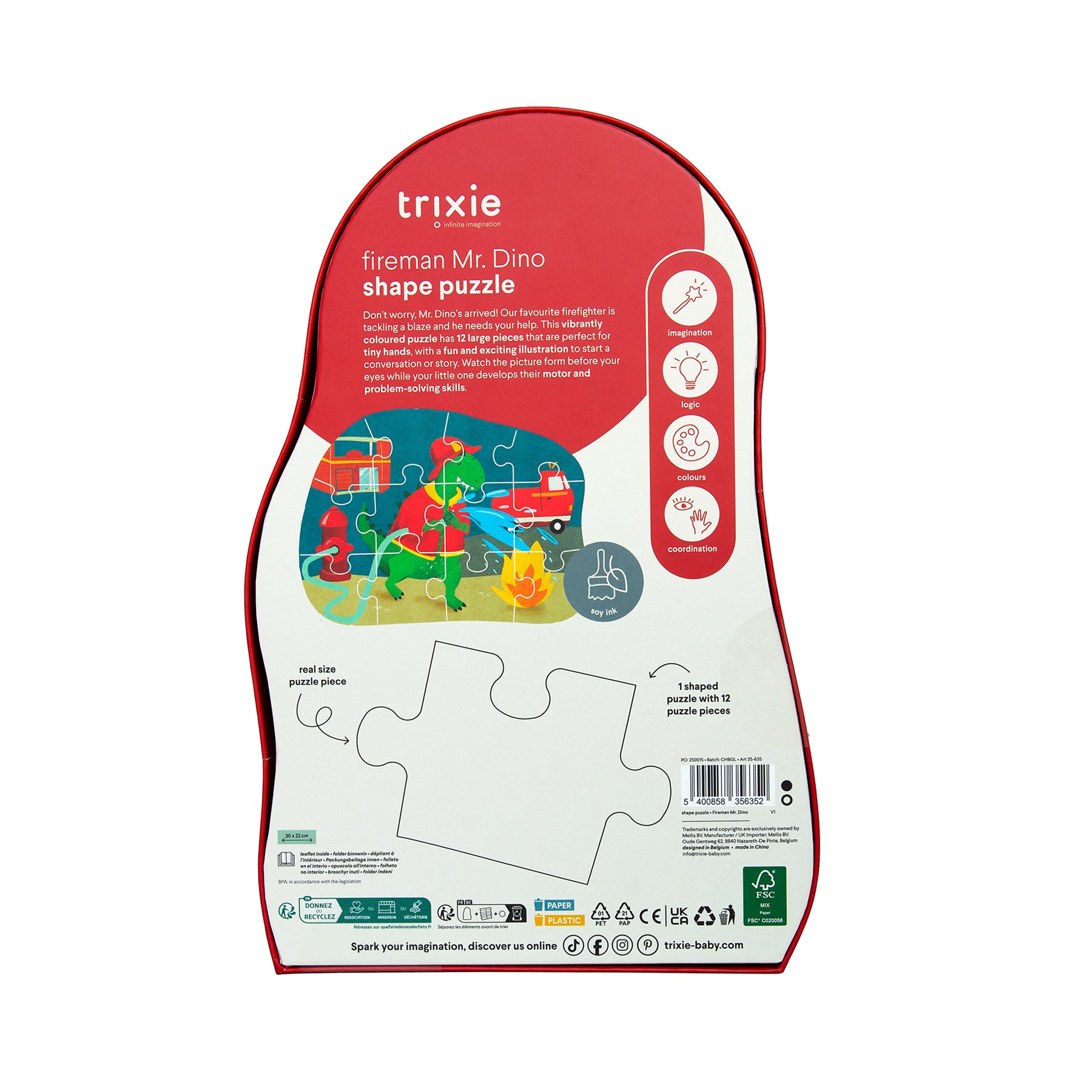 Vormenpuzzel - Brandweerman Mr. Dino  - 12 stuks