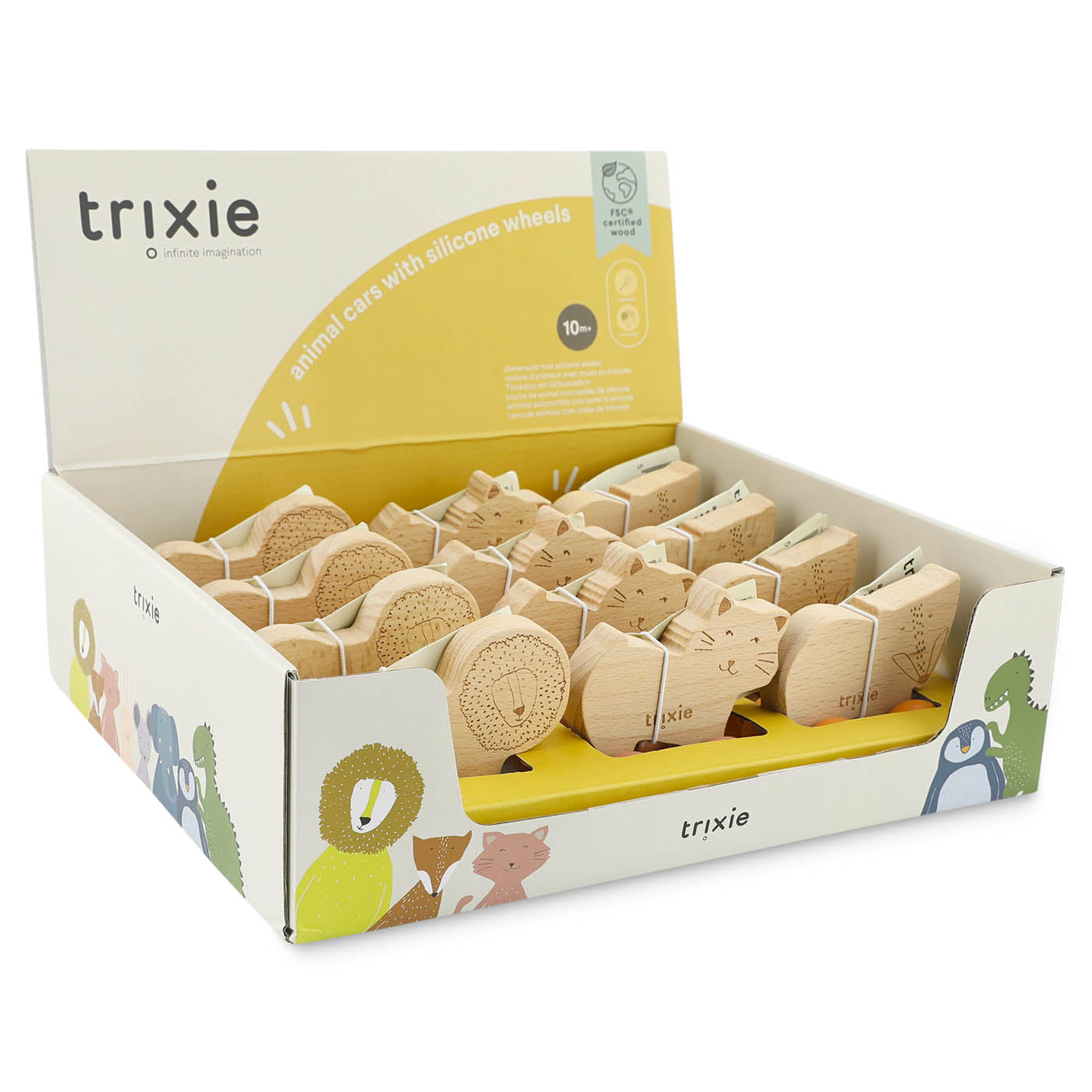 Schachtel Tierautos aus Holz mit Silikonrädern 12 Stück