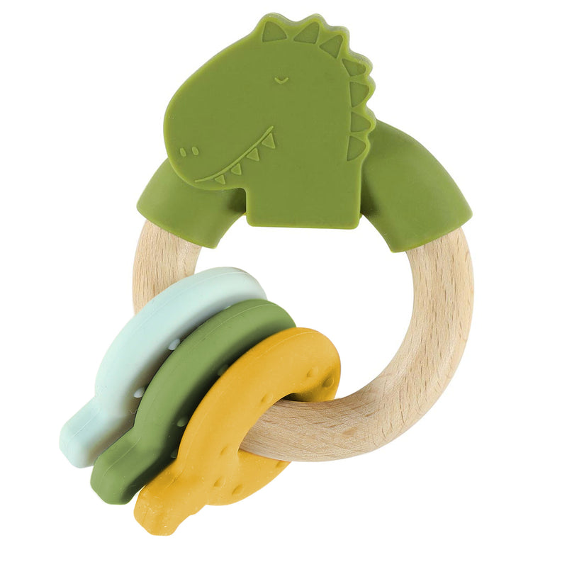Houten activiteitenring met silicone - Mr. Dino