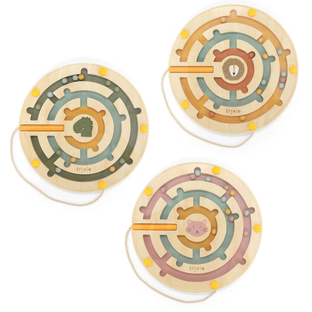 Houten rond magnetisch doolhof doos - 6 stuks