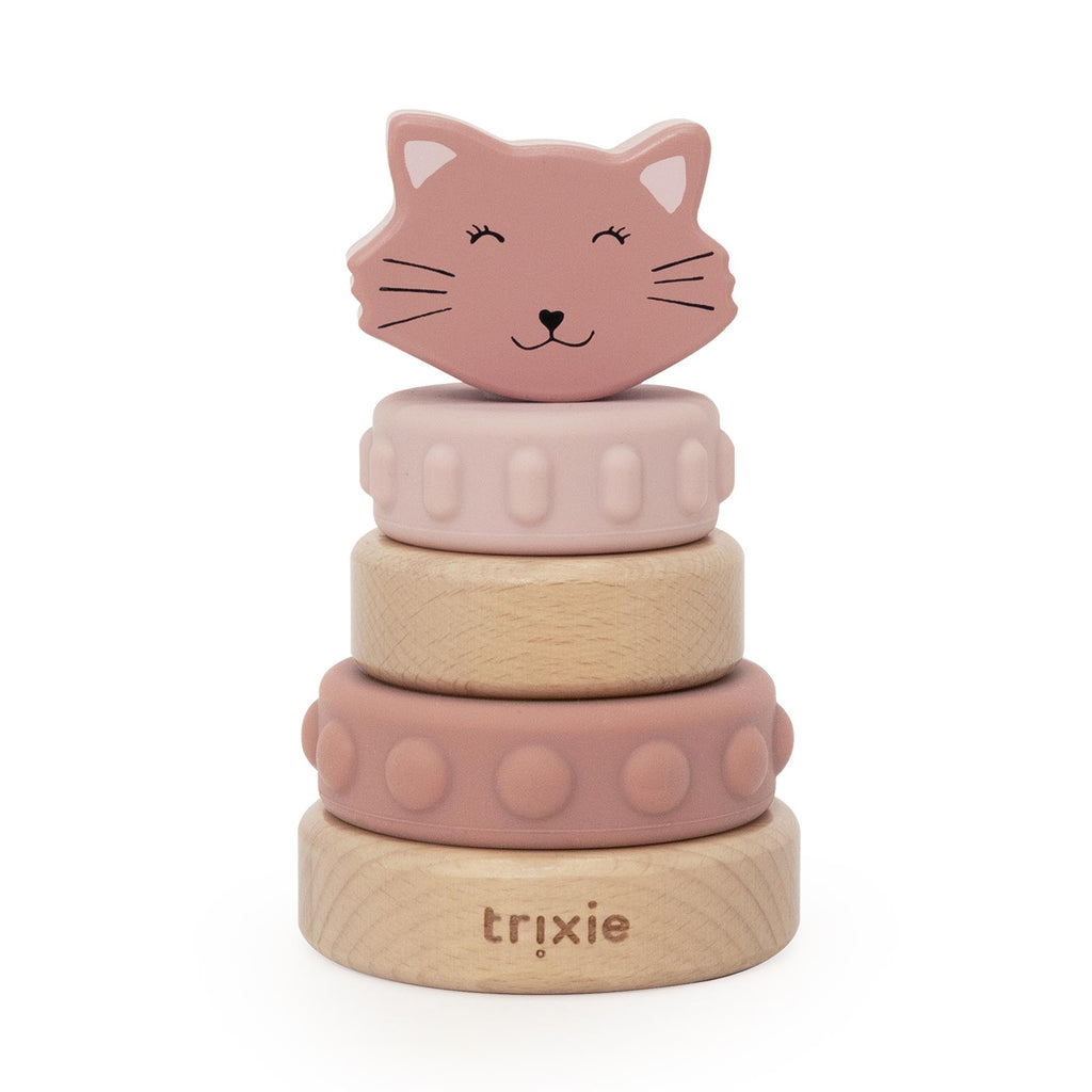 Houten stapeltoren met siliconen ringen - Mrs. Cat