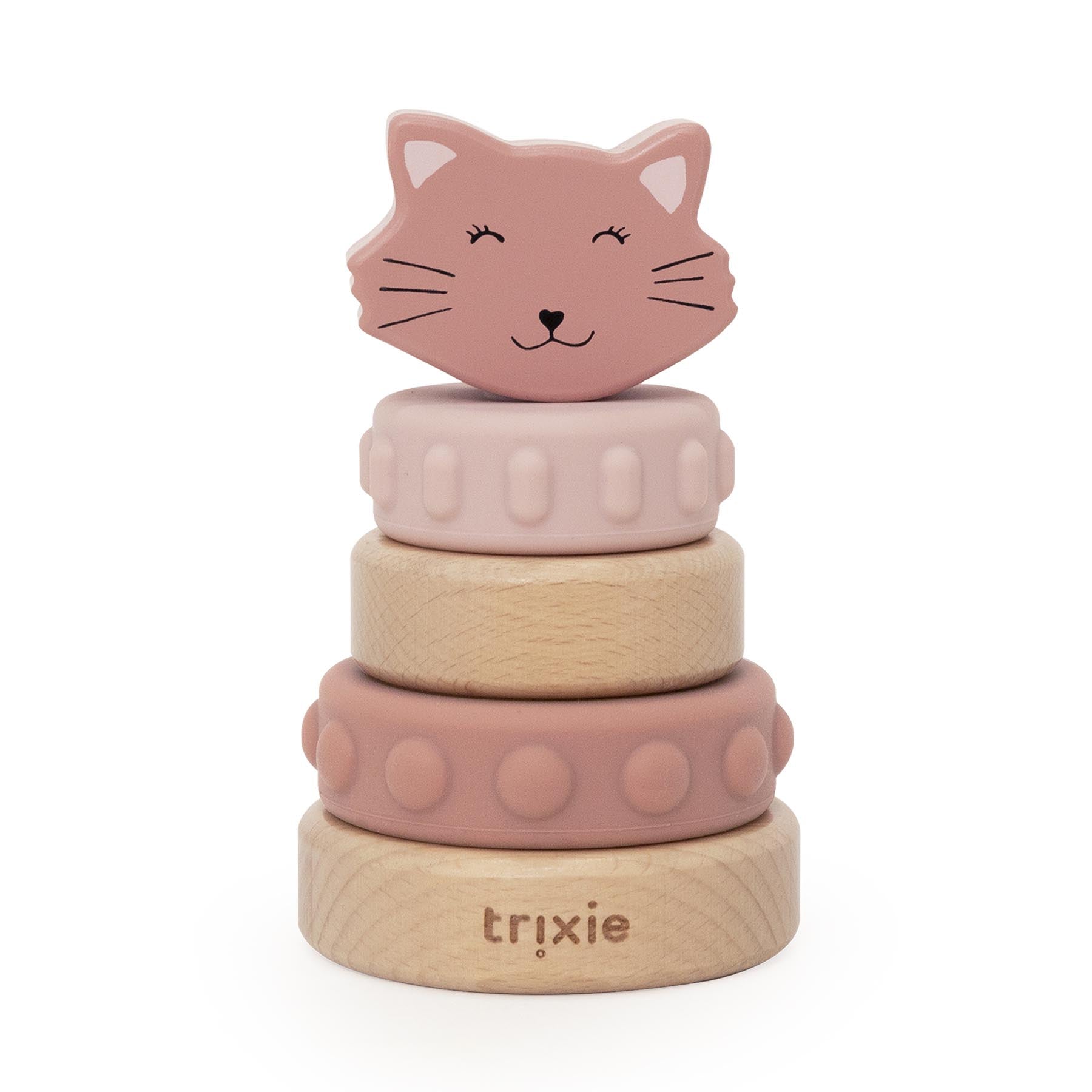 Houten stapeltoren met siliconen ringen - Mrs. Cat