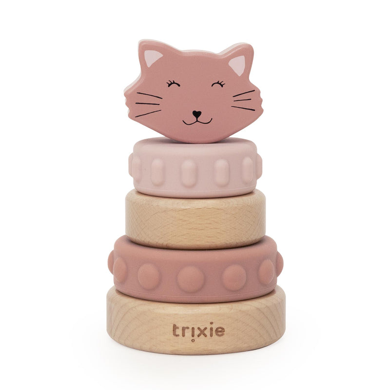 Houten stapeltoren met siliconen ringen - Mrs. Cat