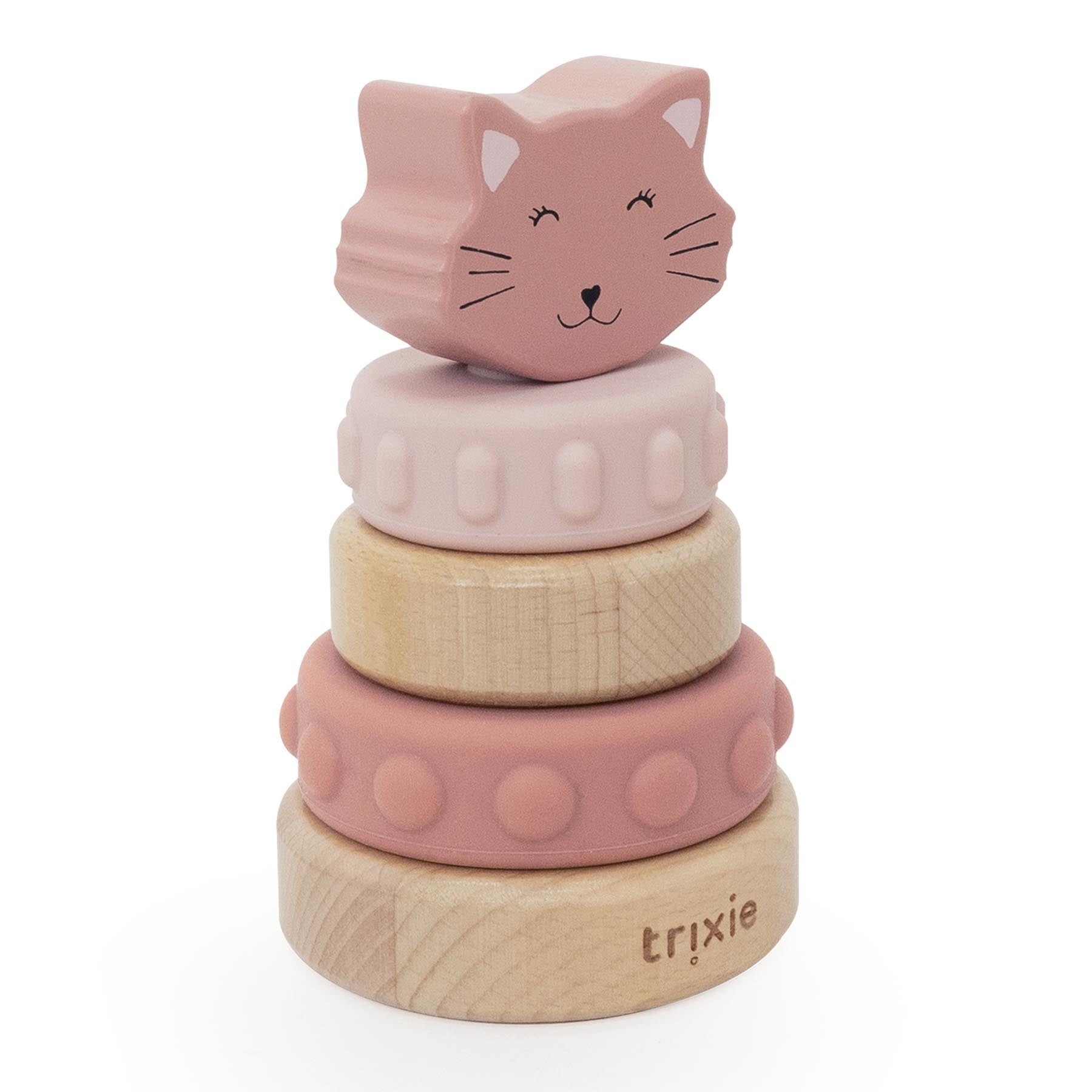 Houten stapeltoren met siliconen ringen - Mrs. Cat
