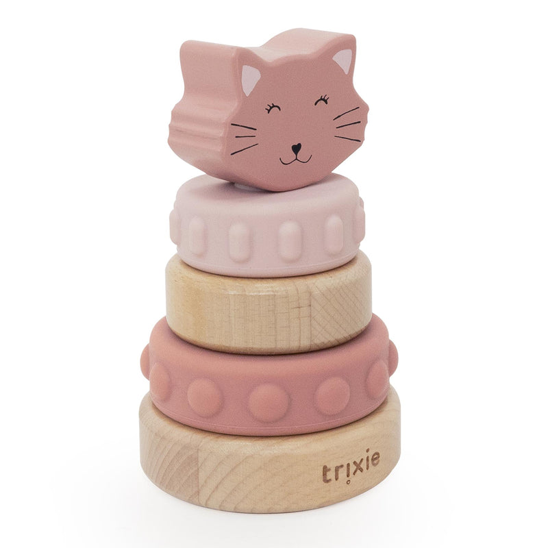 Houten stapeltoren met siliconen ringen - Mrs. Cat