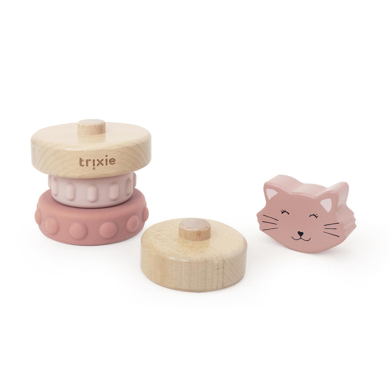 Houten stapeltoren met siliconen ringen - Mrs. Cat