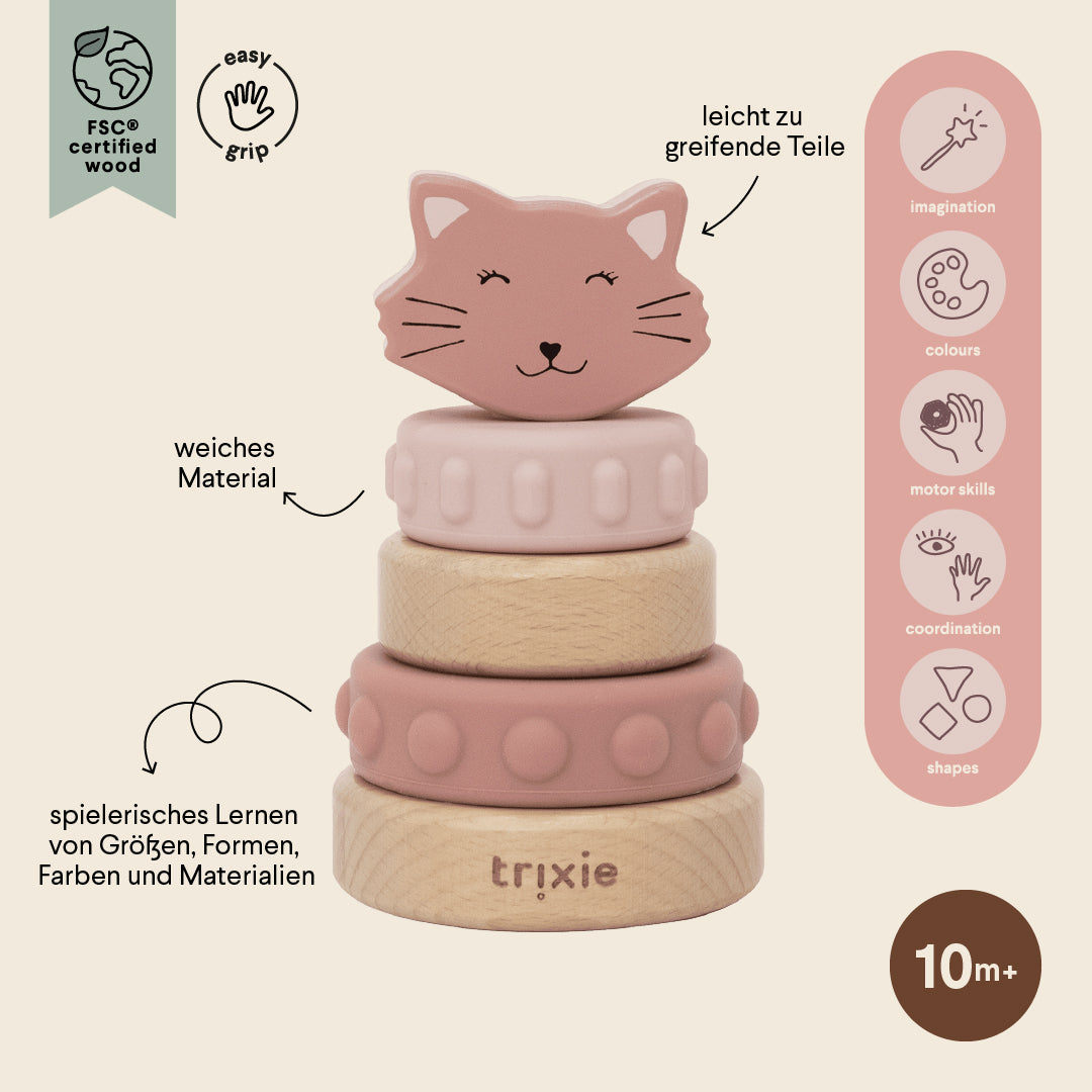 Houten stapeltoren met siliconen ringen - Mrs. Cat