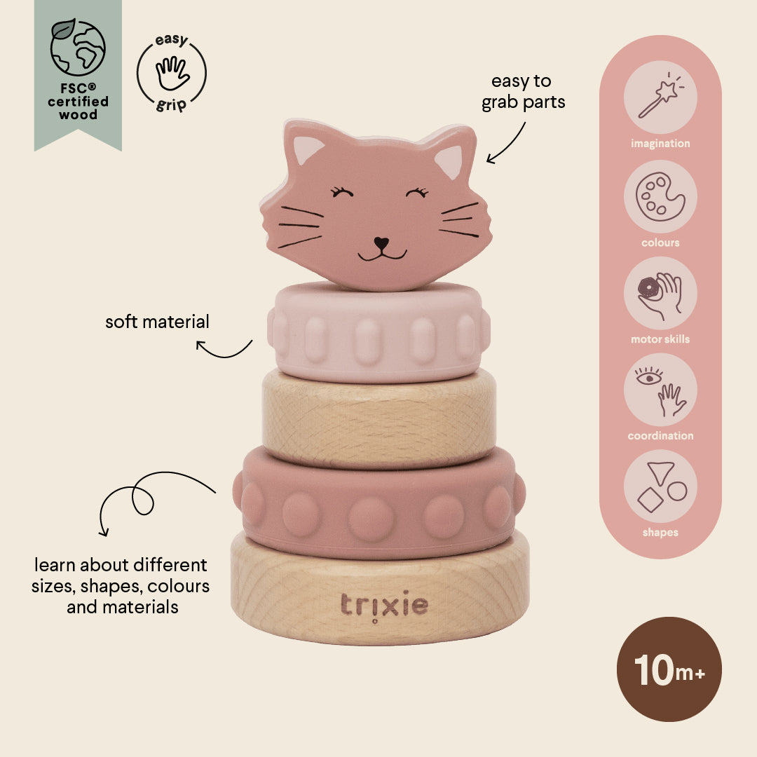 Houten stapeltoren met siliconen ringen - Mrs. Cat