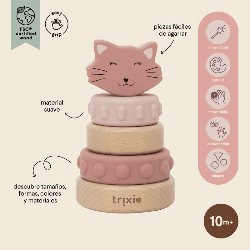 Houten stapeltoren met siliconen ringen - Mrs. Cat