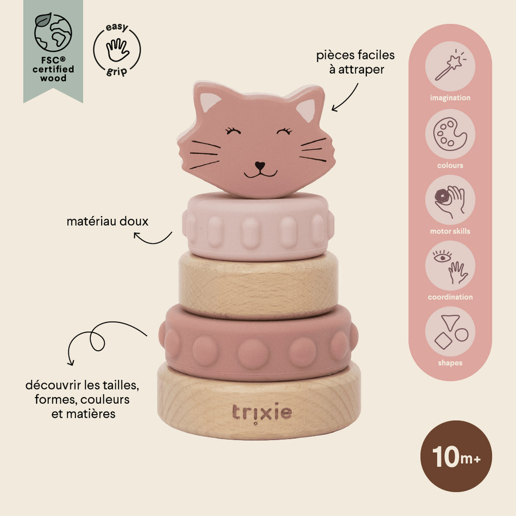 Houten stapeltoren met siliconen ringen - Mrs. Cat