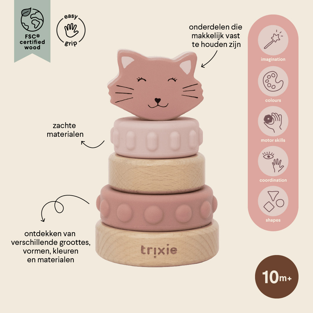 Houten stapeltoren met siliconen ringen - Mrs. Cat