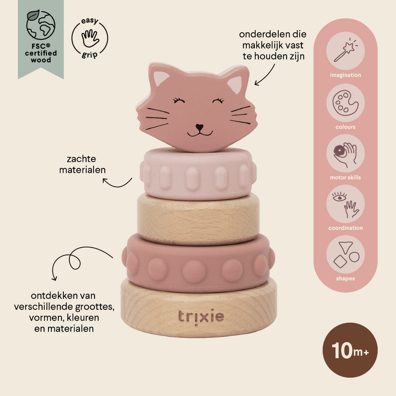 Houten stapeltoren met siliconen ringen - Mrs. Cat