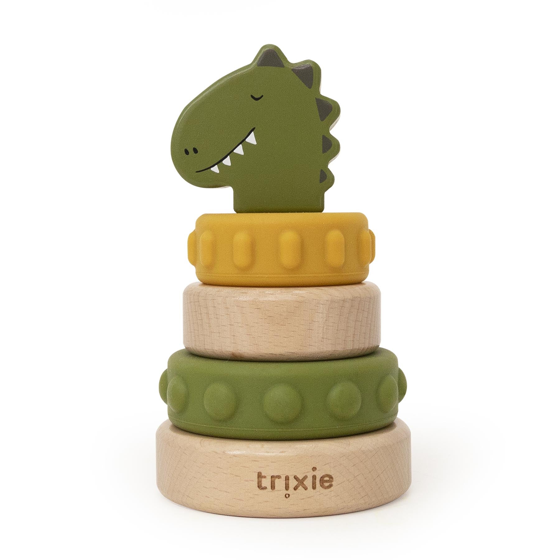 Houten stapeltoren met siliconen ringen - Mr. Dino