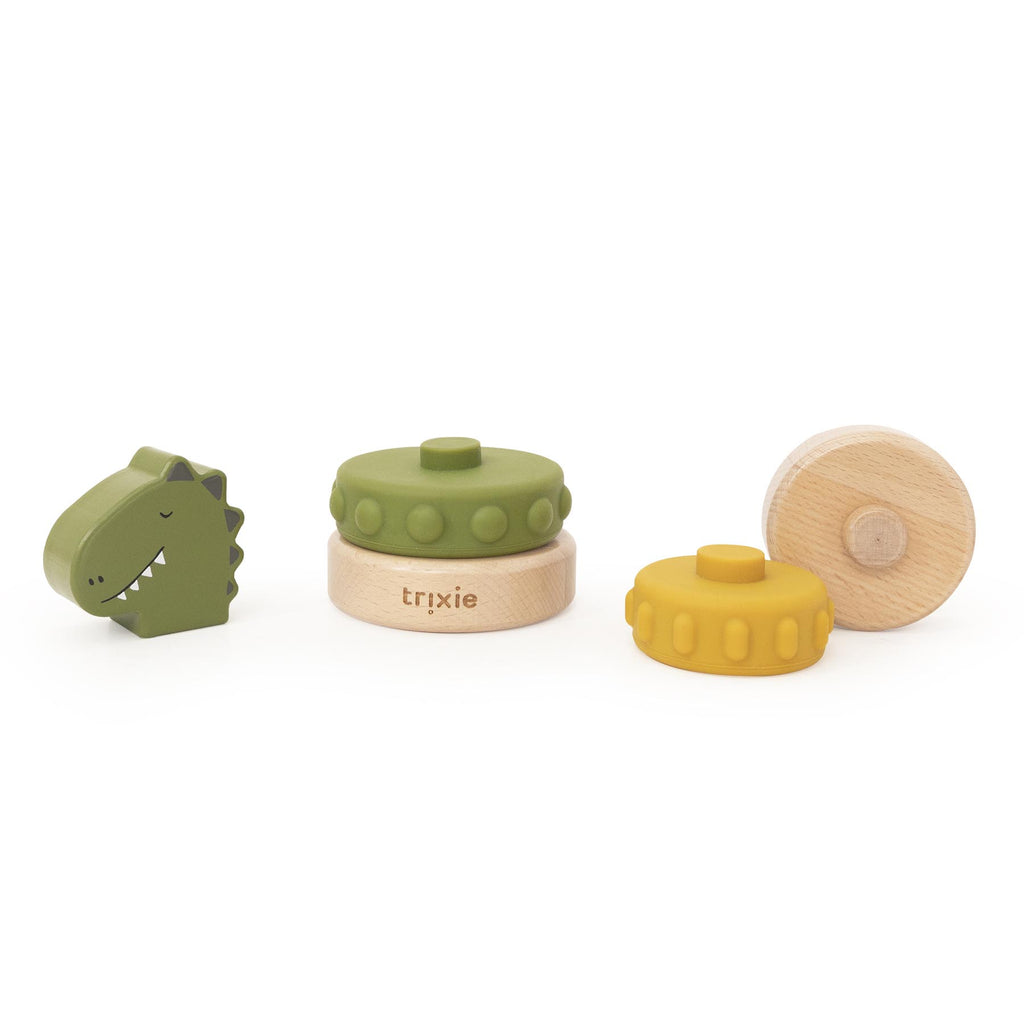Houten stapeltoren met siliconen ringen - Mr. Dino