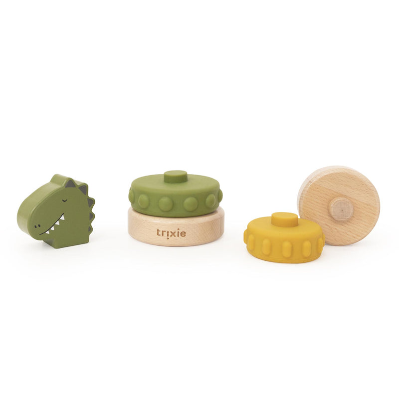 Houten stapeltoren met siliconen ringen - Mr. Dino