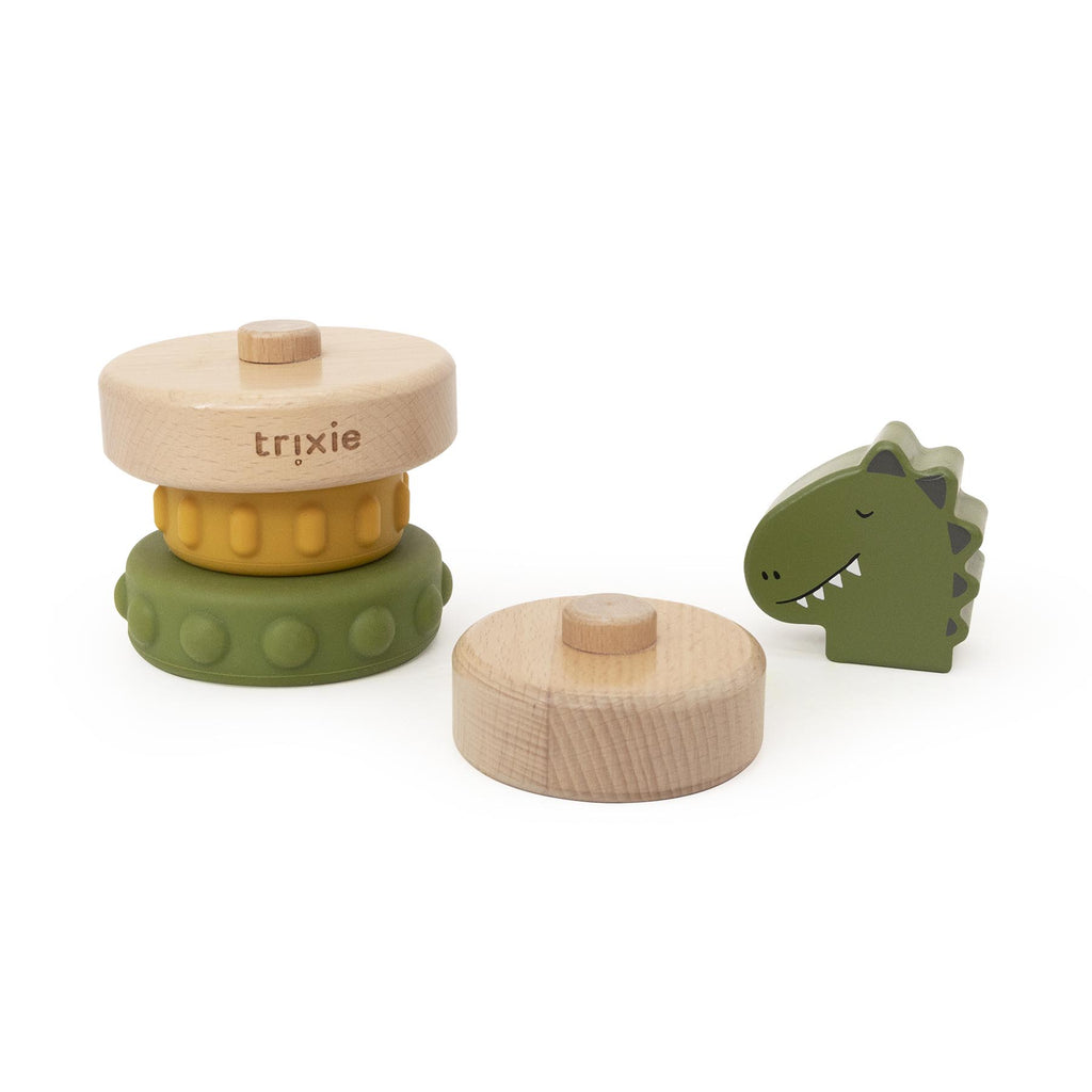 Houten stapeltoren met siliconen ringen - Mr. Dino