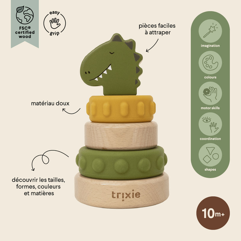 Houten stapeltoren met siliconen ringen - Mr. Dino
