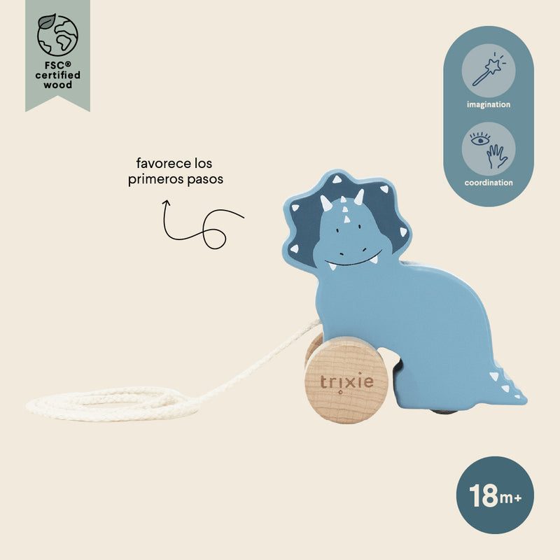 Wooden small pull along toy - Mr. Triceratops