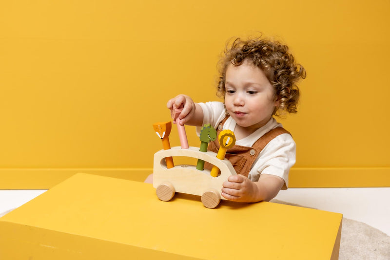 Wooden pop-up animal bus