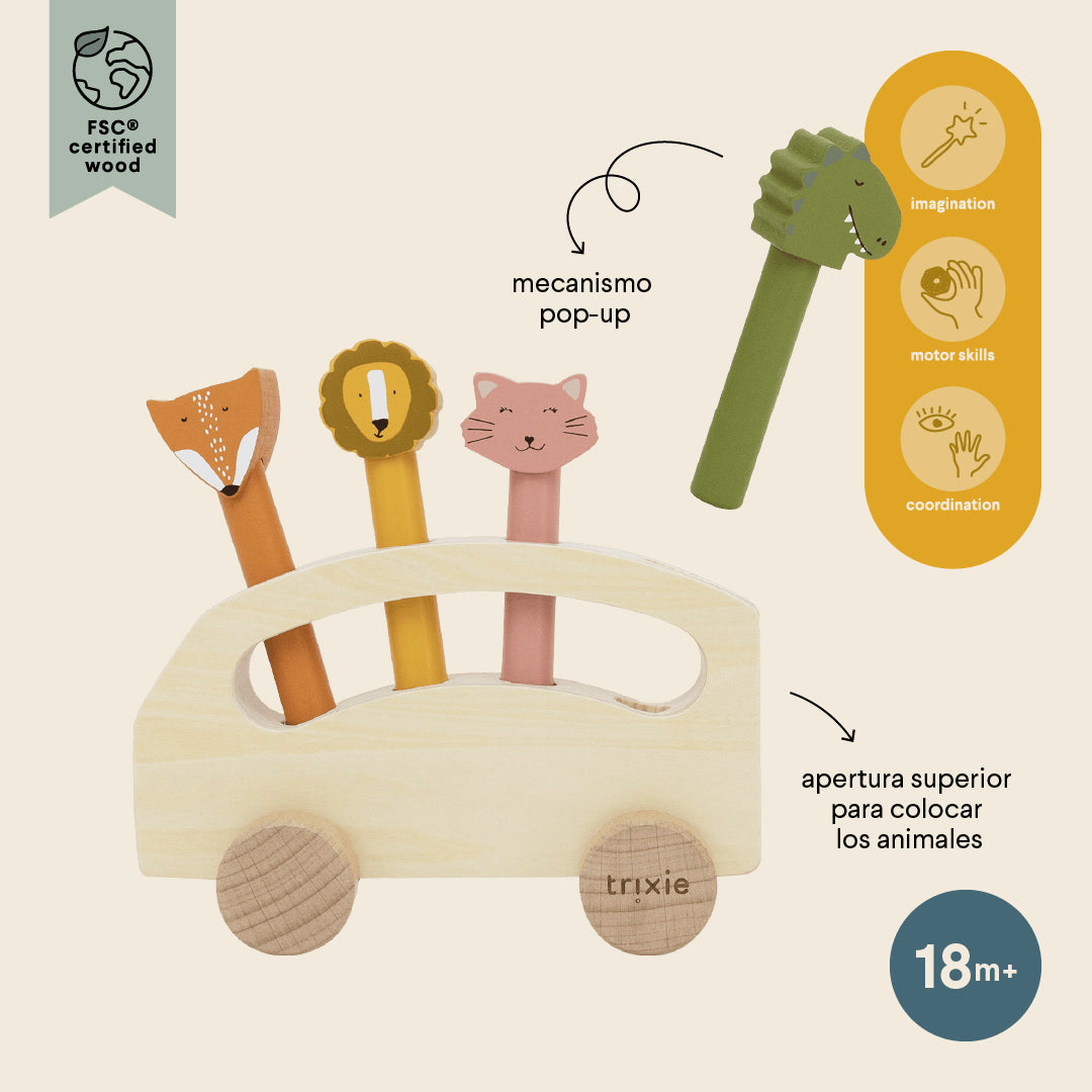 Wooden pop-up animal bus