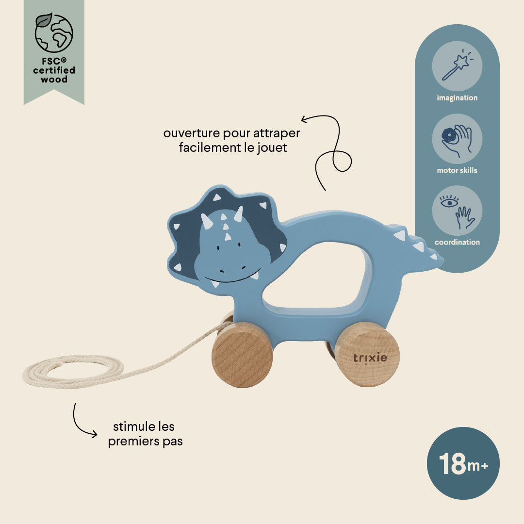 Wooden pull along toy - Mr. Triceratops