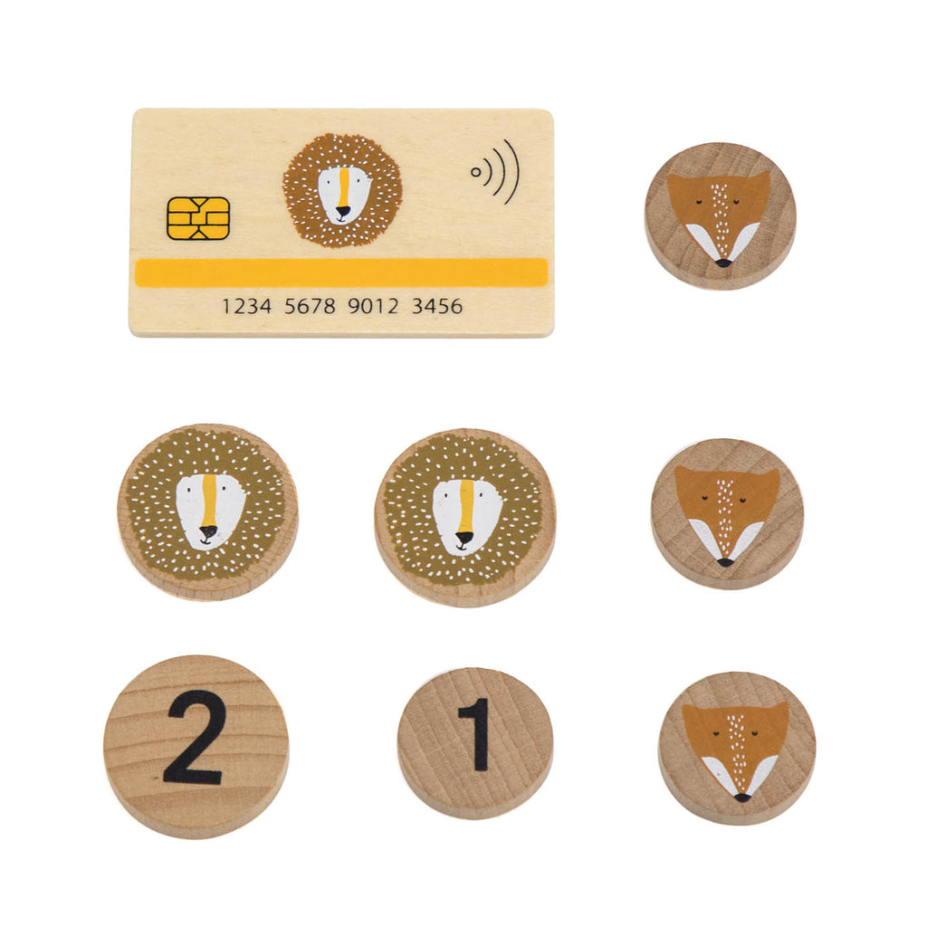 Wooden cash register with accessories