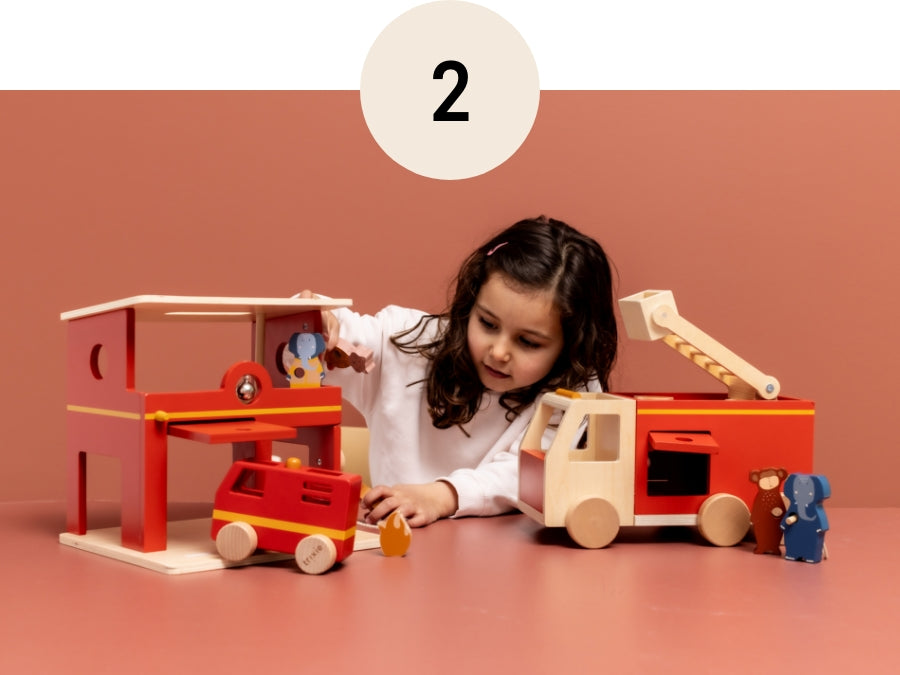 Trixie wooden toys fire truck and fire station